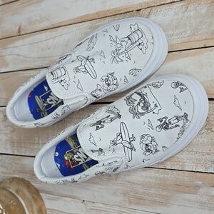 Vans Classic Slip On Low Tide True White shoes With Beach and Skeleton Graphics